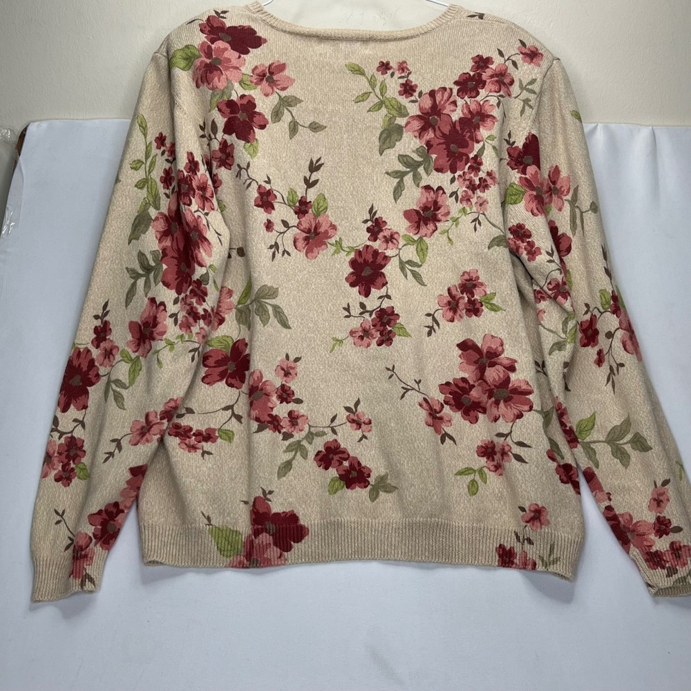 Alfred Dunner Sweater Womens XL Tan Red Floral Beaded Ramie Cotton Knit Pullover - Picture 3 of 9